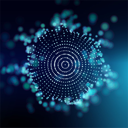 This image is a data visualization illustration representing big data, it features blue and white glowing dots arranged in concentric circles.