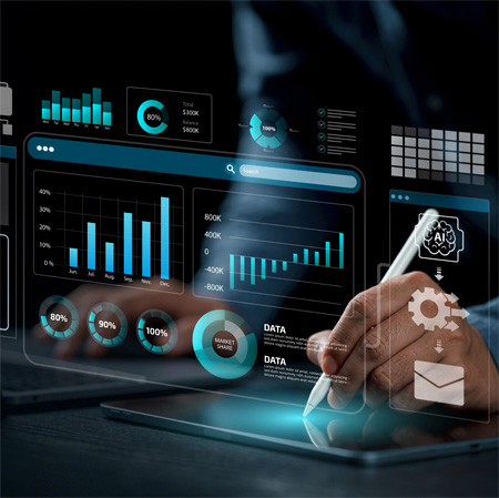 This image depicts a holographic interface displaying data analytics dashboards.