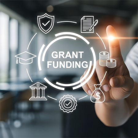 This digital interface illustrates a Grant Funding concept often used for business, education, or research opportunities.