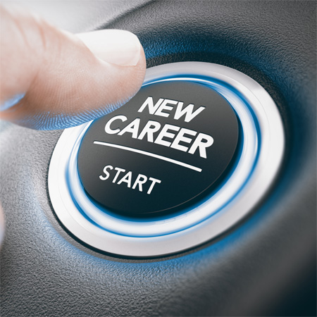 The button resembles a modern car starter, symbolizing the act of initiating a new professional journey
