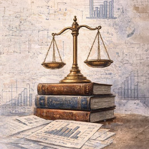 This illustration depicts antique scales of justice balanced on a stack of vintage law books.