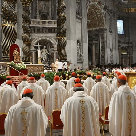 This image depicts a Papal Consistory held within St. Peter's Basilica at the Vatican
