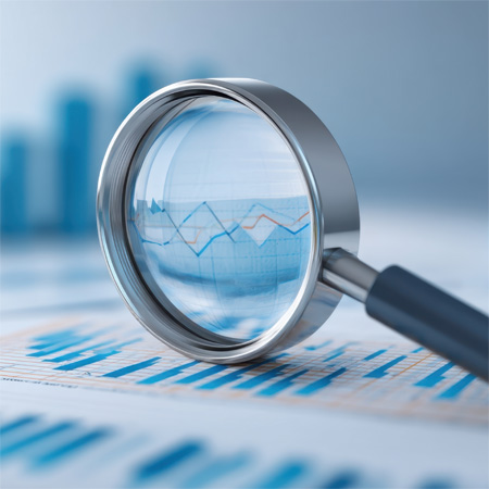 This image is a stock photo depicting a magnifying glass positioned over financial data charts and graphs.